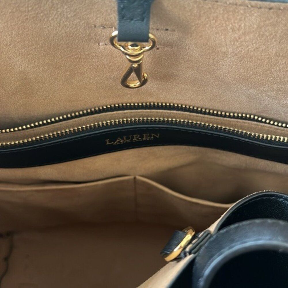 Lauren Ralph Lauren Andie Large Leather Drawstring Tote in Black, New - Picture 11 of 16